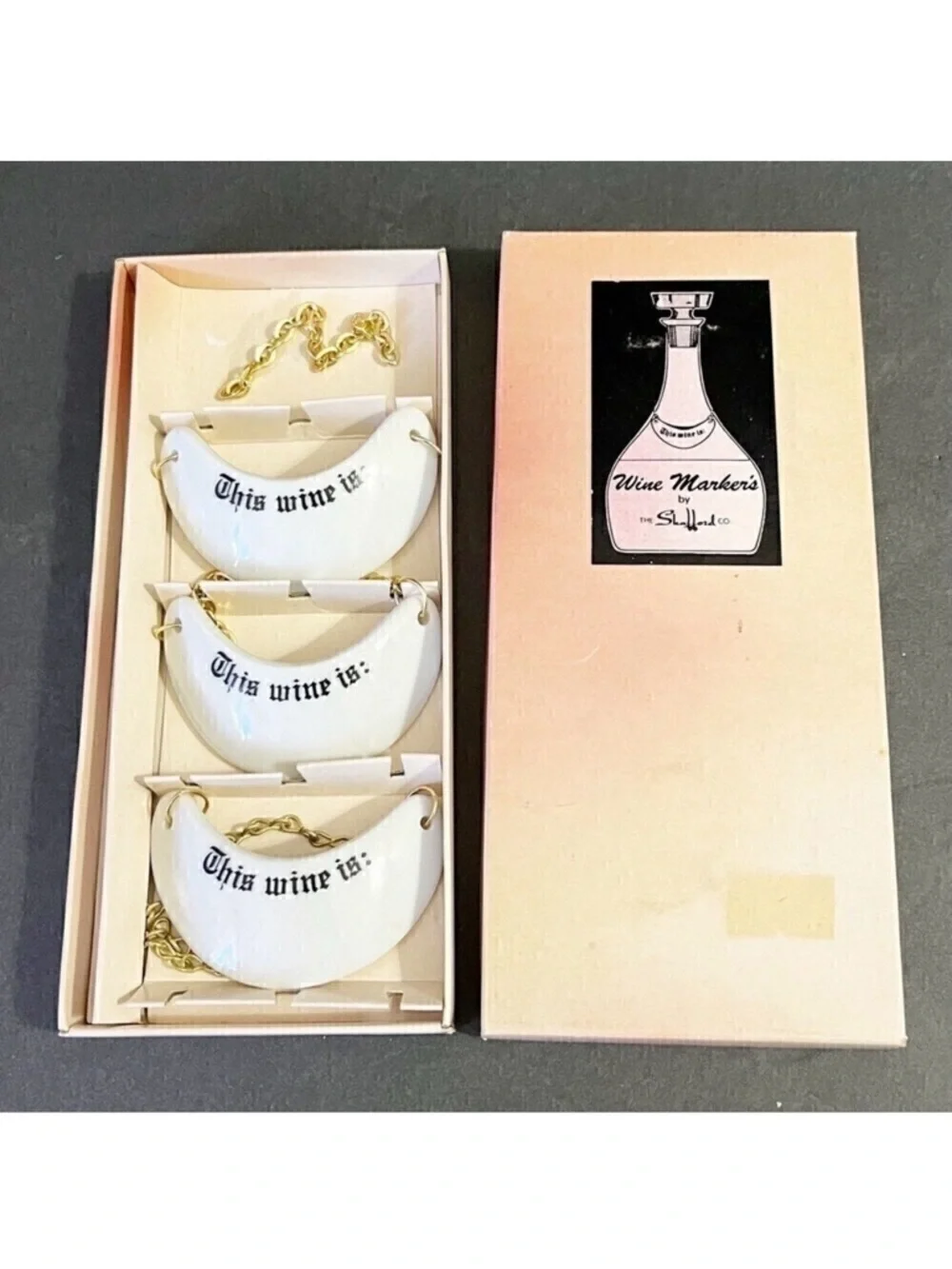 Vintage Shafford 3 White Porcelain Wine Markers Original Box Japan This Wine Is